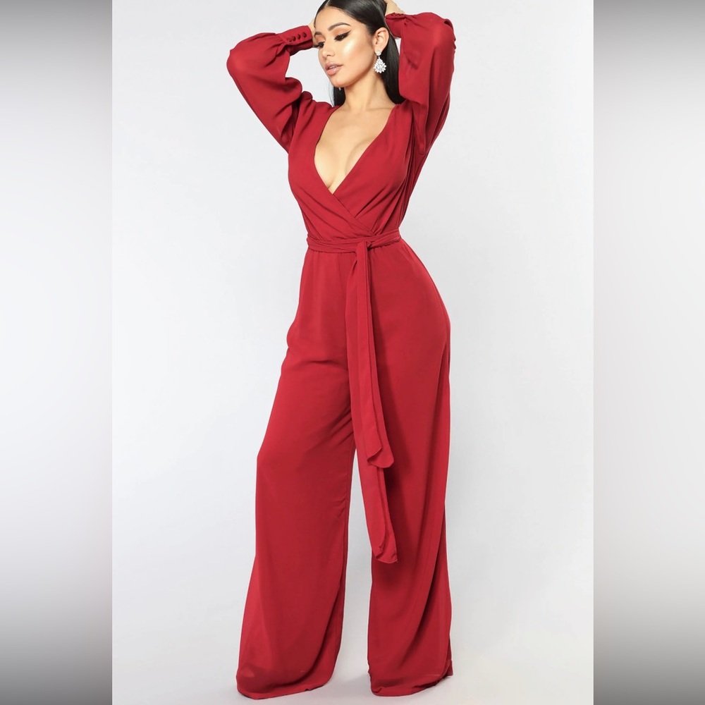 Fashion Nova Moonshine Chiffon Jumpsuit Red